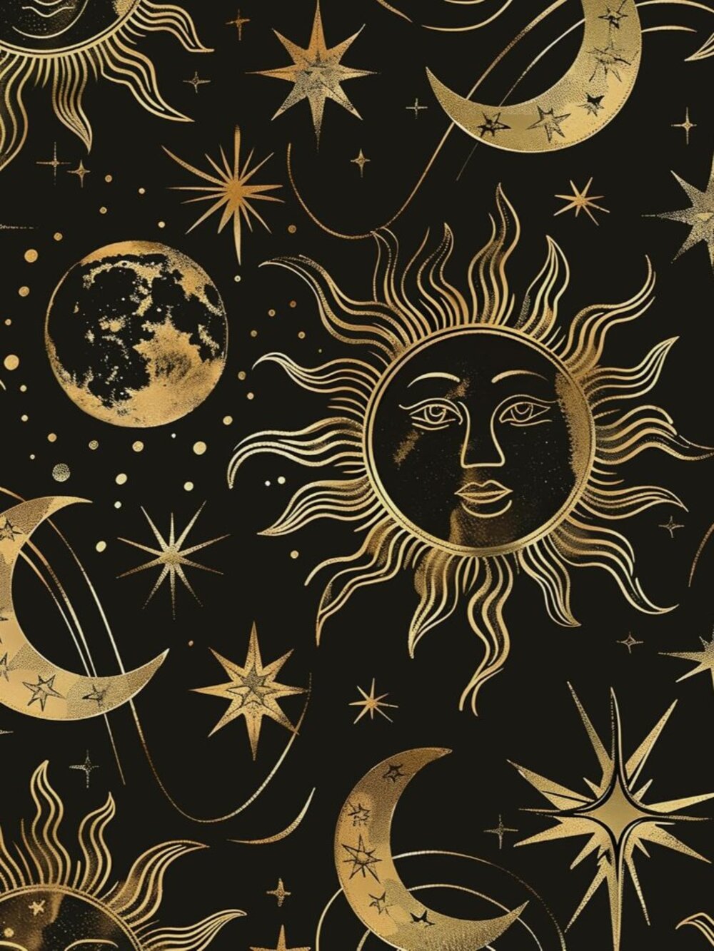 Celestial Sun Moon Wallpaper Peel and Stick 17.5"x 118",Black/Golden
